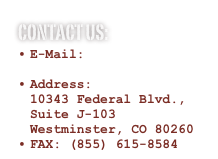 contact us:
E-Mail: streetpetz@aol.com
Address:         10343 Federal Blvd.,     Suite J-103  Westminster, CO 80260
FAX: (855) 615-8584